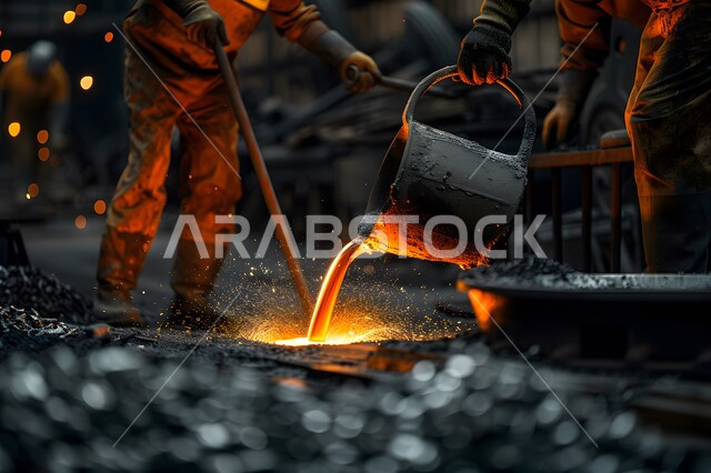 ارتداء الزي الواقي للحمايه من الشرار المتناثر، مجموعة عمال حدادة عرب خليجيون سعوديون يقوم بصب صهر الحديد في المصنع، مصانع المعادن الخام، عمال ومهندسين في المملكة العربية السعودية