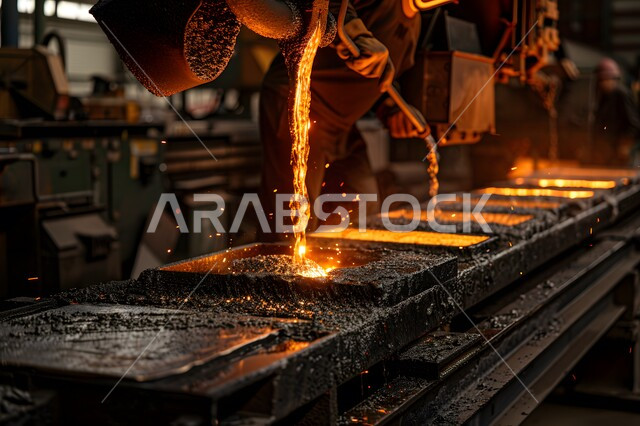 Wearing protective clothing to protect against flying sparks, a group of Saudi Arabian Gulf blacksmiths pouring molten iron in a factory, raw metal factories, workers and engineers in Saudi Arabia