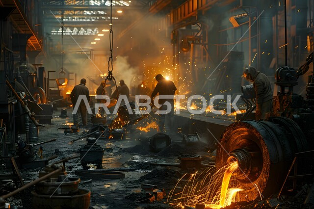 مجموعة عمال حدادة عرب خليجيون سعوديون يقوم بلحام الحديد في المصنع، مصانع المعادن الخام، عمال ومهندسين في المملكة العربية السعودية، ارتداء الزي الواقي للحمايه من الشرار المتناثر