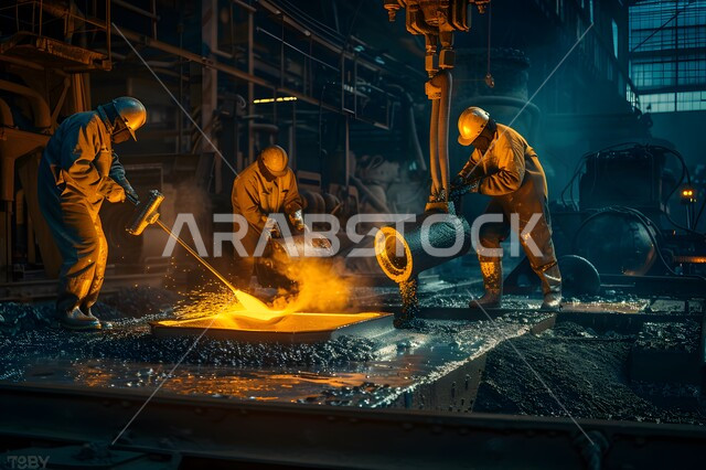 A group of Saudi Arabian Gulf blacksmiths welding iron in a factory, raw metal factories, workers and engineers in Saudi Arabia, wearing protective clothing to protect against scattered sparks