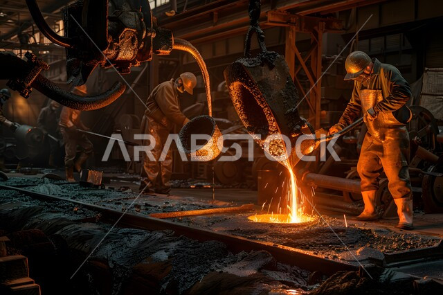 ارتداء الزي الواقي للحمايه من الشرار المتناثر، مجموعة عمال حدادة عرب خليجيون سعوديون يقوم بصب صهر الحديد في المصنع، مصانع المعادن الخام، عمال ومهندسين في المملكة العربية السعودية