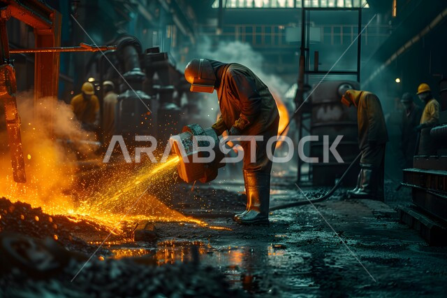 ارتداء الزي الواقي للحمايه من الشرار المتناثر، مجموعة عمال حدادة عرب خليجيون سعوديون يقوم بصب صهر الحديد في المصنع، مصانع المعادن الخام، عمال ومهندسين في المملكة العربية السعودية