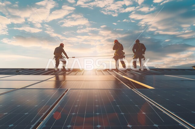  محطات الطاقات الشمسية المتجددة, مفهوم انتاج الطاقة البديلة الصديقة للبيئة في المملكة العربية السعودية, عمال عرب خليجييون سعوديون يقومون بأعمال الصيانة لألواح الطاقة الكهروضوئية، منظر السماء المليئة بالغيوم وقت غروب الشمس