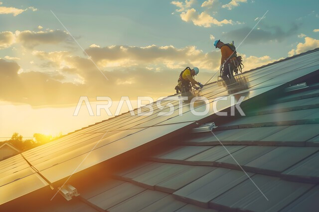  محطات الطاقات الشمسية المتجددة, مفهوم انتاج الطاقة البديلة الصديقة للبيئة في المملكة العربية السعودية, عمال عرب خليجييون سعوديون يقومون بأعمال الصيانة لألواح الطاقة الكهروضوئية، منظر السماء المليئة بالغيوم وقت غروب الشمس