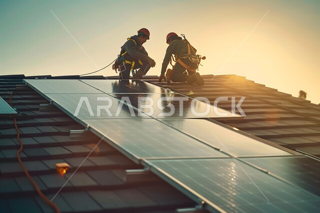  محطات الطاقات الشمسية المتجددة, مفهوم انتاج الطاقة البديلة الصديقة للبيئة في المملكة العربية السعودية, عمال عرب خليجييون سعوديون يقومون بأعمال الصيانة لألواح الطاقة الكهروضوئية، منظر السماء المليئة بالغيوم وقت غروب الشمس