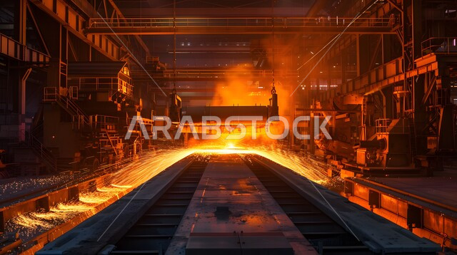 مصانع المعادن الخام، عمال ومهندسين في المملكة العربية السعودية، ارتداء الزي الواقي للحمايه من الشرار المتناثر، مجموعة عمال حدادة عرب خليجيون سعوديون يقوم بلحام الحديد في المصنع