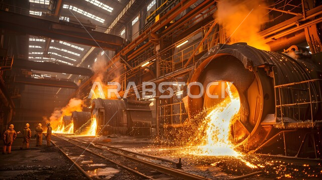 مصانع المعادن الخام، عمال ومهندسين في المملكة العربية السعودية، ارتداء الزي الواقي للحمايه من الشرار المتناثر، مجموعة عمال حدادة عرب خليجيون سعوديون يقوم بلحام الحديد في المصنع