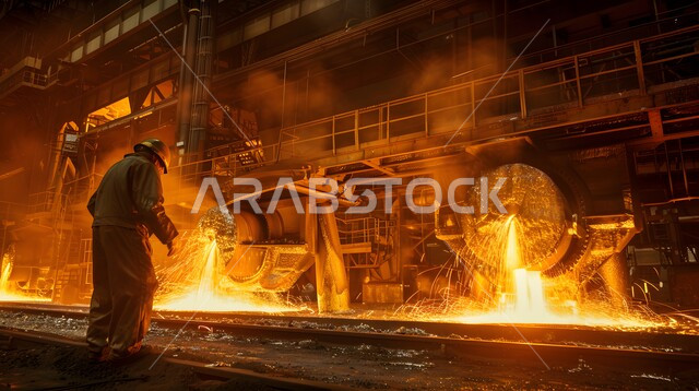 مصانع المعادن الخام، عمال ومهندسين في المملكة العربية السعودية، ارتداء الزي الواقي للحمايه من الشرار المتناثر، مجموعة عمال حدادة عرب خليجيون سعوديون يقوم بلحام الحديد في المصنع