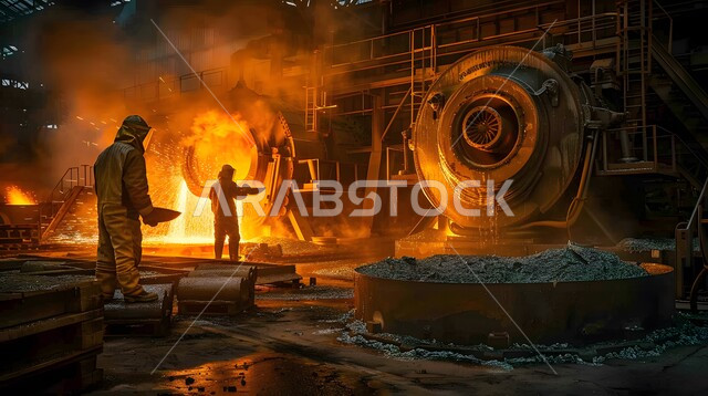 مصانع المعادن الخام، عمال ومهندسين في المملكة العربية السعودية، ارتداء الزي الواقي للحمايه من الشرار المتناثر، مجموعة عمال حدادة عرب خليجيون سعوديون يقوم بلحام الحديد في المصنع