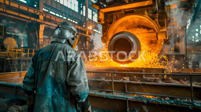 مصانع المعادن الخام، عمال ومهندسين في المملكة العربية السعودية، ارتداء الزي الواقي للحمايه من الشرار المتناثر، مجموعة عمال حدادة عرب خليجيون سعوديون يقوم بلحام الحديد في المصنع