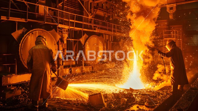 مصانع المعادن الخام، عمال ومهندسين في المملكة العربية السعودية، ارتداء الزي الواقي للحمايه من الشرار المتناثر، مجموعة عمال حدادة عرب خليجيون سعوديون يقوم بلحام الحديد في المصنع