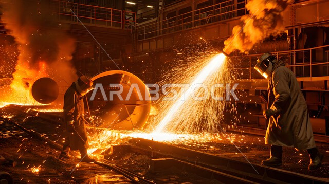 مصانع المعادن الخام، عمال ومهندسين في المملكة العربية السعودية، ارتداء الزي الواقي للحمايه من الشرار المتناثر، مجموعة عمال حدادة عرب خليجيون سعوديون يقوم بلحام الحديد في المصنع