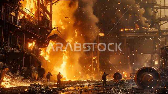  عمال ومهندسين في المملكة العربية السعودية، ارتداء الزي الواقي للحمايه من الشرار المتناثر، مجموعة عمال حدادة عرب خليجيون سعوديون يقوم بلحام الحديد في المصنع، مصانع المعادن الخام