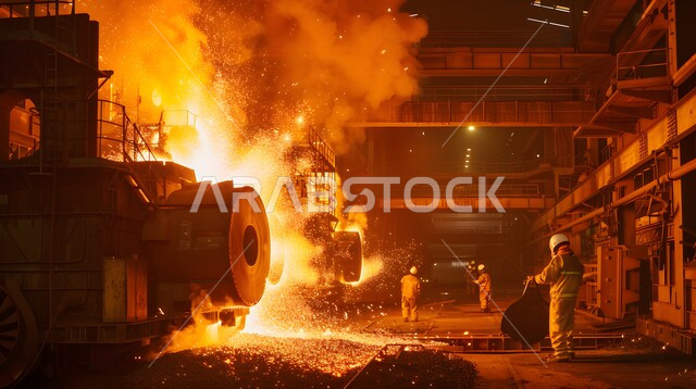  عمال ومهندسين في المملكة العربية السعودية، ارتداء الزي الواقي للحمايه من الشرار المتناثر، مجموعة عمال حدادة عرب خليجيون سعوديون يقوم بلحام الحديد في المصنع، مصانع المعادن الخام