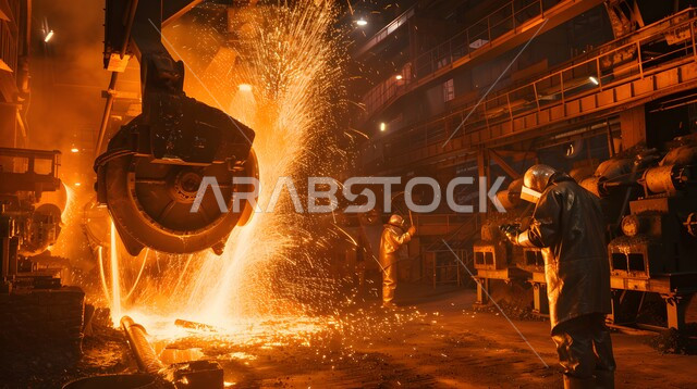  عمال ومهندسين في المملكة العربية السعودية، ارتداء الزي الواقي للحمايه من الشرار المتناثر، مجموعة عمال حدادة عرب خليجيون سعوديون يقوم بلحام الحديد في المصنع، مصانع المعادن الخام