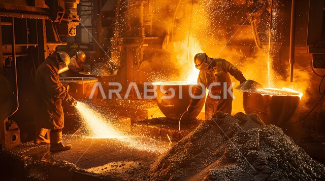  عمال ومهندسين في المملكة العربية السعودية، ارتداء الزي الواقي للحمايه من الشرار المتناثر، مجموعة عمال حدادة عرب خليجيون سعوديون يقوم بلحام الحديد في المصنع، مصانع المعادن الخام
