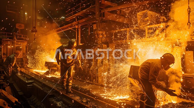  عمال ومهندسين في المملكة العربية السعودية، ارتداء الزي الواقي للحمايه من الشرار المتناثر، مجموعة عمال حدادة عرب خليجيون سعوديون يقوم بلحام الحديد في المصنع، مصانع المعادن الخام