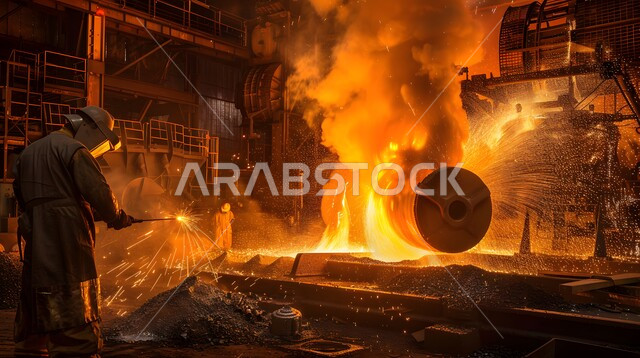  عمال ومهندسين في المملكة العربية السعودية، ارتداء الزي الواقي للحمايه من الشرار المتناثر، مجموعة عمال حدادة عرب خليجيون سعوديون يقوم بلحام الحديد في المصنع، مصانع المعادن الخام