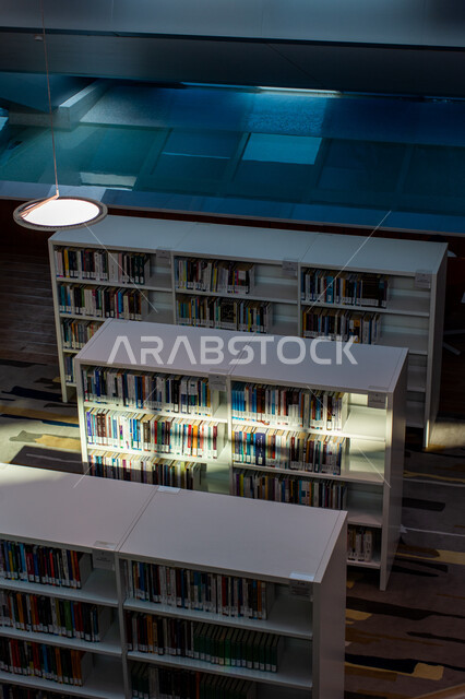 التنظيم والترتيب لرفوف الكتب في مكتبة محمد بن راشد الثرية بالمجلاات والمعاجم في امارة دبي، صرح معرفي مميز ومعلم ثقافي مشهور، منارة للثقافة والفكر، الفن الهندسي المعماري للمكتبات والمتاحف والمعارض في الامارات العربية المتحدة، مكان للقراء ومحبي العلم والمعرفة
