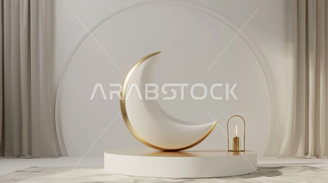 تحف واكسسوارات شهر رمضان المبارك، مجسم ثلاثي الابعاد للهلال على منصة باللون الكريمي، زينة وأنوار للاعياد والمناسبات، الاستعداد لاستقبال الأعياد والمناسبات الدينية, قدوم شهر الخير، خلفية اسلاميه ثري دي