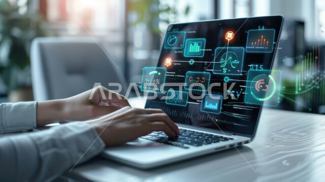 استخدام الأجهزة التقنية الحديثة في الأعمال المكتبية ، النمو التكنولوجي والتطور الرقمي في مجال الذكاء الاصطناعي ، صورة مقربة ليدين رجل عربي خليجي سعودي يقوم بالنقر و التفاعل مع لوحة المفاتيح , خلفية هولوجرامية ثلاثية الابعاد لأيقونات الأبحاث العلمية من شاشة الحاسوب