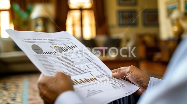 Supervising office work and investment projects, studying and analyzing company profit charts, a close-up picture of the hands of a Saudi Arabian Gulf businessman reviewing work papers and plans.