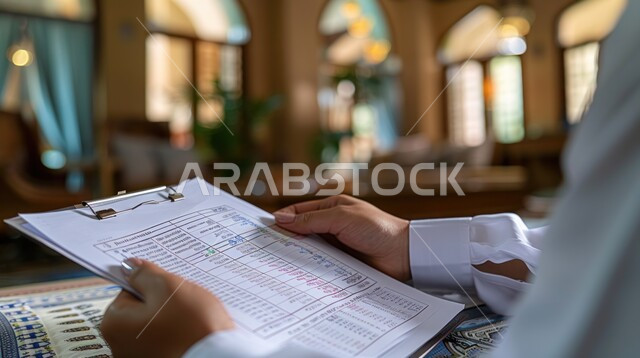 دراسة و تحليل أرباح الشركة , الإشراف على الأعمال المكتبية و المشاريع الاستثمارية , صورة مقربة ليدين رجل اعمال عربي خليجي سعودي يقوم بمراجعة أوراق و مخططات العمل