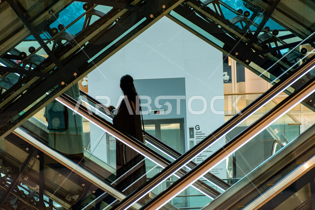 المكتبات العلمية في الامارات العربية المتحدة، تأمين وسائل الراحة للقراء، مواطنة عربية إماراتية خليجية تقف على السلم الكهربائي في مكتبة محمد بن راشد في امارة دبي، التصاميم الداخلية الفاخرة، مكان للقراء ومحبي العلم والمعرفة، اكتساب المعرفة وتنمية الذخيرة اللغوية