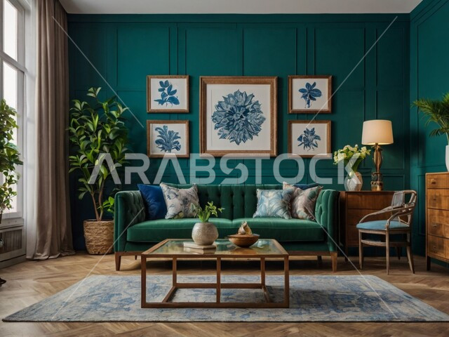 غرفة معيشة بتصاميم عصرية حديثة، الاهتمام بنباتات الزينة الخضراء، تصاميم و ديكورت عصرية، أثاث منزلي راقي، ديكور تزيين داخلي، لوحات فنيه معلقة، تحف وإكسسوارات متنوعة، براويز صور خشبية