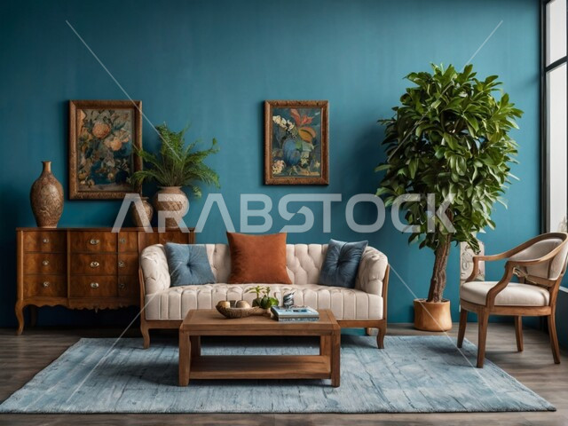 Modern designs and decor, living room with modern contemporary designs, attention to green ornamental plants, upscale home furniture, interior decoration, hanging paintings, antiques and various accessories, wooden photo frames.