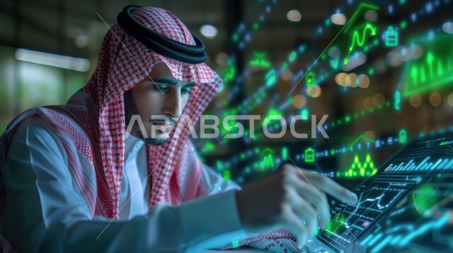 دمج التكنولوجيا المتطورة مع العمل , مراقبة الرسوم البيانية الخاصة لصعود و هبوط البورصة العالمية من خلال استخدام الأجهزة التقنية الحديثة , صورة مقربة لرجا عربي خليجي سعودي يرتدي الثوب التقليدي يقوم بالنقر على الشاشات الالكترونية المضيئة , النجاح و تحقيق أهداف الشركة