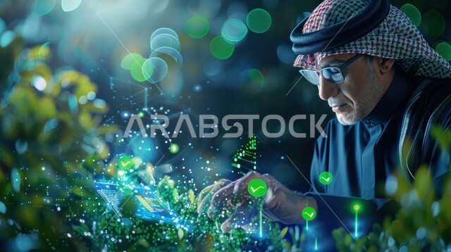 The development and progress of modern techniques and technology in growing green plants and trees in natural reserves, a close-up image of a Saudi Gulf Arab man wearing a traditional thobe and shemagh clicking on a three-dimensional holographic illuminated green screen, a Saudi future vision 2030
