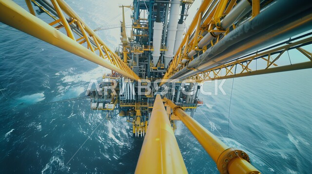 Huge machinery and heavy equipment used in petroleum exploration, work in the field of petroleum engineering, oil and gas refining plants in the industrial zone in Saudi Arabia, extracting underground resources from the sea, petrochemical industries and projects in the Kingdom, Saudi economic growth and progress