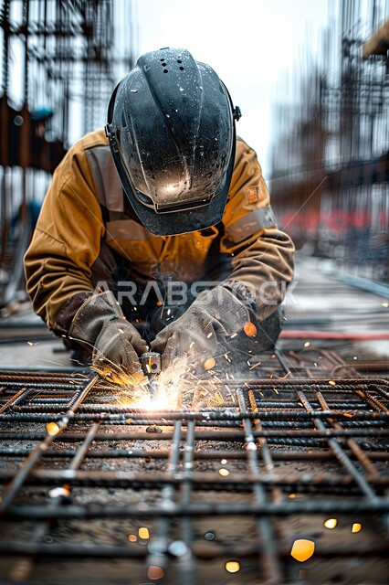 تجهيز وتوصيل الحديد بمعدات وأدوات لحامية, المهارة في اتقان العمل في مصنع الحداده, مهندس صناعي يرتدي يونيفورم العمل يقوم بلحام المعدن, مهن وأعمال سعوديه, خلفية المصنع مع الشرارة المتطاير