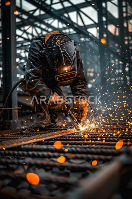 المهارة في اتقان العمل في مصنع الحداده, مهندس صناعي يرتدي يونيفورم العمل يقوم بلحام المعدن, تجهيز وتوصيل الحديد بمعدات وأدوات لحامية, مهن وأعمال سعوديه, خلفية المصنع مع الشرارة المتطاير