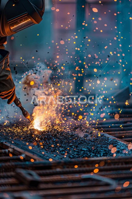 Skill in mastering work in a blacksmith factory, an industrial engineer wearing a work uniform, welding metal, preparing and connecting iron with welding equipment and tools, Saudi professions and works, factory background with flying sparks