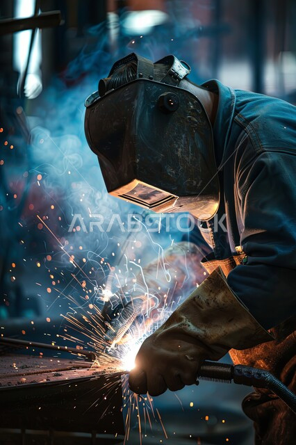 تجهيز وتوصيل الحديد بمعدات وأدوات لحامية, المهارة في اتقان العمل في مصنع الحداده, مهندس صناعي يرتدي يونيفورم العمل يقوم بلحام المعدن, مهن وأعمال سعوديه, خلفية المصنع مع الشرارة المتطاير