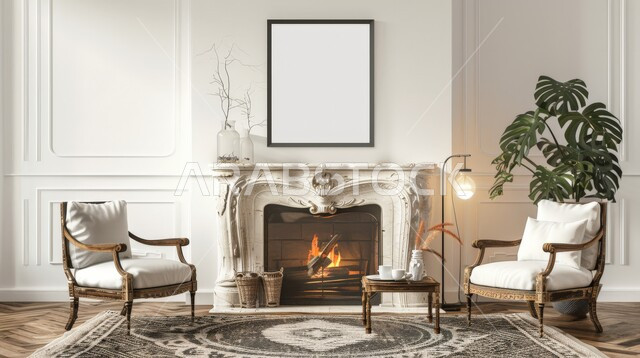 غرفة مدفأة مريحة مع رف مزخرف , غرفة معيشة  بتصاميم عصرية حديثة مع إطار فارغ , الاهتمام بنباتات الزينة الخضراء ، ديكورات الشقق السكنية في المملكة العربية السعودية ، تصميم داخلي فاخر للمنزل