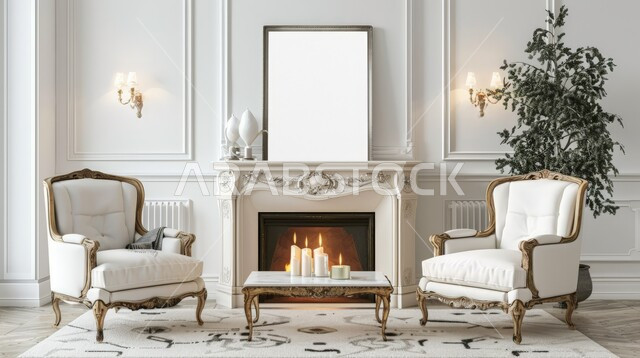 مدفأة أنيقة مع كراسي بيضاء مزخرفة , غرفة معيشة مريحة بتصاميم عصرية حديثة مع إطار فارغ , الاهتمام بنباتات الزينة الخضراء ، ديكورات الشقق السكنية في المملكة العربية السعودية ، تصميم داخلي فاخر لغرفة الجلوس