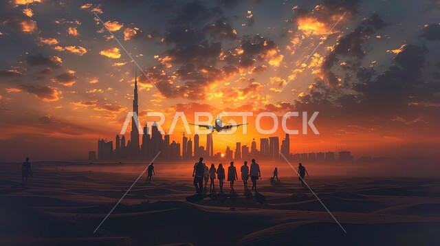  منظر السماء المليئة بالغيوم ،مجموعة من الاشخاص في الصحراء ينظرون الى الطائرة التي تهبط ، صورة ظليلية لمدينة دبي عند غروب الشمس ،  ابراج وناطحات سحاب الامارات العربية المتحدة، رمال ذهبية ناعمة