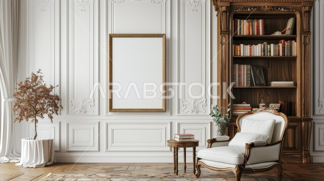 تصميم داخلي أنيق لغرفة المعيشة مع إطار مذهّب ورف كتب ,  أثاث منزلي راقي بتصاميم عصرية حديثة ، ديكورات الشقق السكنية في المملكة العربية السعودية , الاهتمام بمظهر المنزل الداخلي