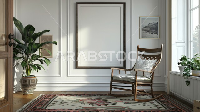 غرفة معيشة مريحة بتصاميم عصرية حديثة مع كرسي هزاز وإطار فارغ , الاهتمام بنباتات الزينة الخضراء ، ديكورات الشقق السكنية في المملكة العربية السعودية ، تصميم داخلي فاخر لغرفة الجلوس