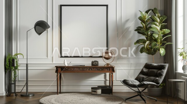 تصميم داخلي أنيق بقماش أسود و إطار فارغ , الاهتمام بنباتات الزينة الخضراء ، ديكورات الشقق السكنية في المملكة العربية السعودية ، تصاميم فاخرة لغرفة الجلوس