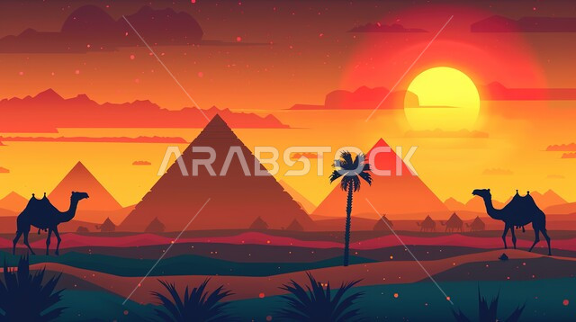 منظر غروب الشمس على المناطق الصحراوية،صورة ظليلية للأهرام مع قافلة جمال تسير في الصحراء ،المناخ الصحراوي الجاف والقاسي ،منظر السماء وقت الغروب ، قطيع من الجمال في محمية برية ، خلفية طبيعية لسماء برتقالية