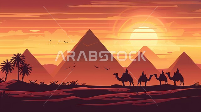  المناخ الصحراوي الجاف والقاسي ، منظر غروب الشمس على المناطق الصحراوية،صورة ظليلية للأهرام مع قافلة جمال تسير في الصحراء ،منظر السماء وقت الغروب ، قطيع من الجمال في محمية برية ، خلفية طبيعية لسماء برتقالية