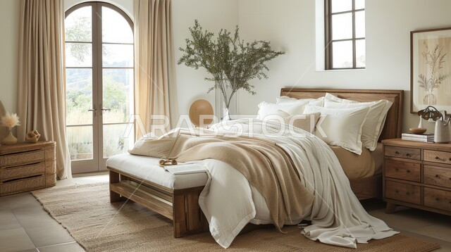 Luxurious bedroom with a peaceful view, modern home designs, sophisticated and distinctive decor, luxury home furniture, residential apartments and villas in the Kingdom of Saudi Arabia