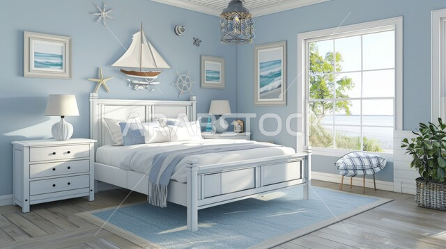 غرفة نوم ساحلية مع سرير أبيض وإطلالة على المحيط , شقة بتصاميم عصرية و جذابة ، ديكورات حديثة مميزة , أثاث منزلي راقي و فاخر , شقق وفلل سكنية في المملكة العربية السعودية