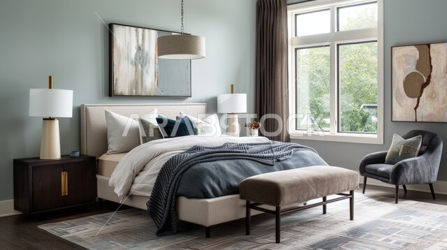 غرفة نوم داخلية حديثة مع جدران رمادية ونافذة كبيرة  في شقة سكنية بتصاميم عصرية و جذابة ، ديكورات حديثة مميزة , أثاث منزلي راقي و فاخر , شقق وفلل سكنية في المملكة العربية السعودية