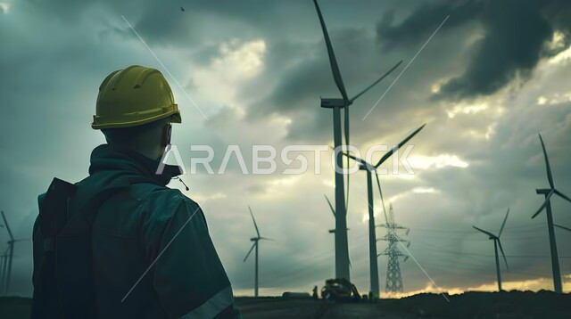 التنمية المستدامة بالطاقة البديلة في المملكة العربية السعودية، مفهوم استخدام الطاقات المتجددة صديقة البيئة،  صورة من الخلف لمهندس كهربائي عربي خليجي سعودي يرتدي الخوذة والزي الخاص بالعمل يقف وسط حقول توربينات الرياح وطواحين الهواء