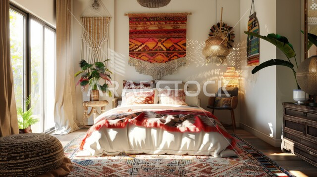 غرفة نوم بوهيمية ذات جو دافئ ومريح , شقة بتصاميم عصرية و جذابة ، ديكورات حديثة مميزة , أثاث منزلي راقي و فاخر , شقق وفلل سكنية في المملكة العربية السعودية , فنون الهندسة المعمارية و الديكور